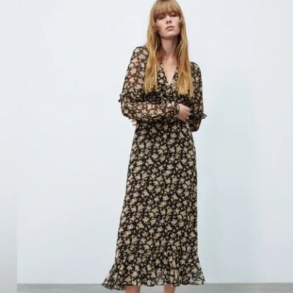 Zara Black and Gold Ruffled Printed Midi Dress NWT Size L - Picture 1 of 5